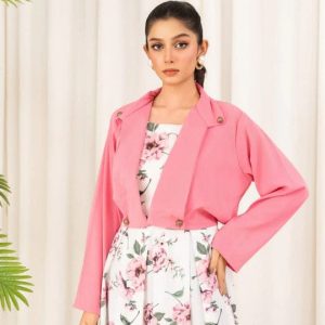 2 pcs Stylish Floral Print Maxi Dress with Pink Jacket - Women's Western Wear - Floral Maxi