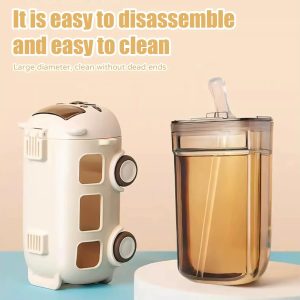 School Bus Design Kids Water Bottle With Strap– 500ml ABS Plastic Leak-Proof Bottle (Random Color)