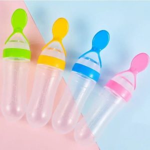 90ml Feeder With Spoon – Soft Silicone Baby Feeding Bottle With Spoon Dispenser For Easy And Mess Free Feeding (Random Color)
