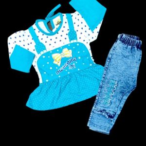 2 Pcs Girl's Stitched Jersey Lycra Printed T Shirt And Pant Set Blue color