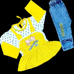 2 Pcs Girl's Stitched Jersey Lycra Printed T Shirt And Pant Set Yellow color
