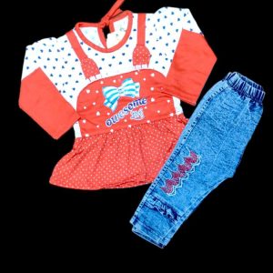 2 Pcs Girl's Stitched Jersey Lycra Printed T Shirt And Pant Set Orange color