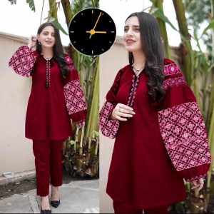 Women's Stitched Embroidered Linen Shirt and Trouser Set - 2 Pcs